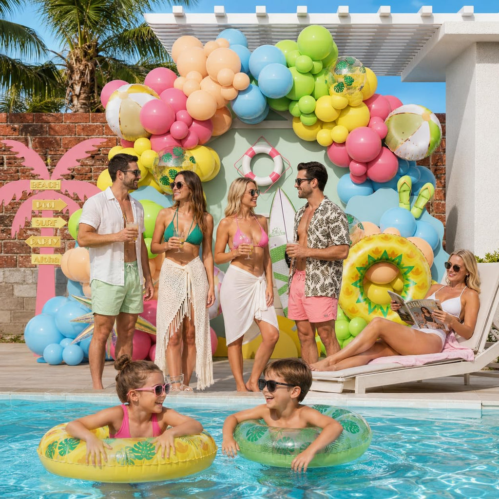 Enanal 162-Piece Tropical Pool Party Balloon Set – Pastel Latex & Foil Balloons with Beach Ball, Swimming Ring, and Arch Accessories