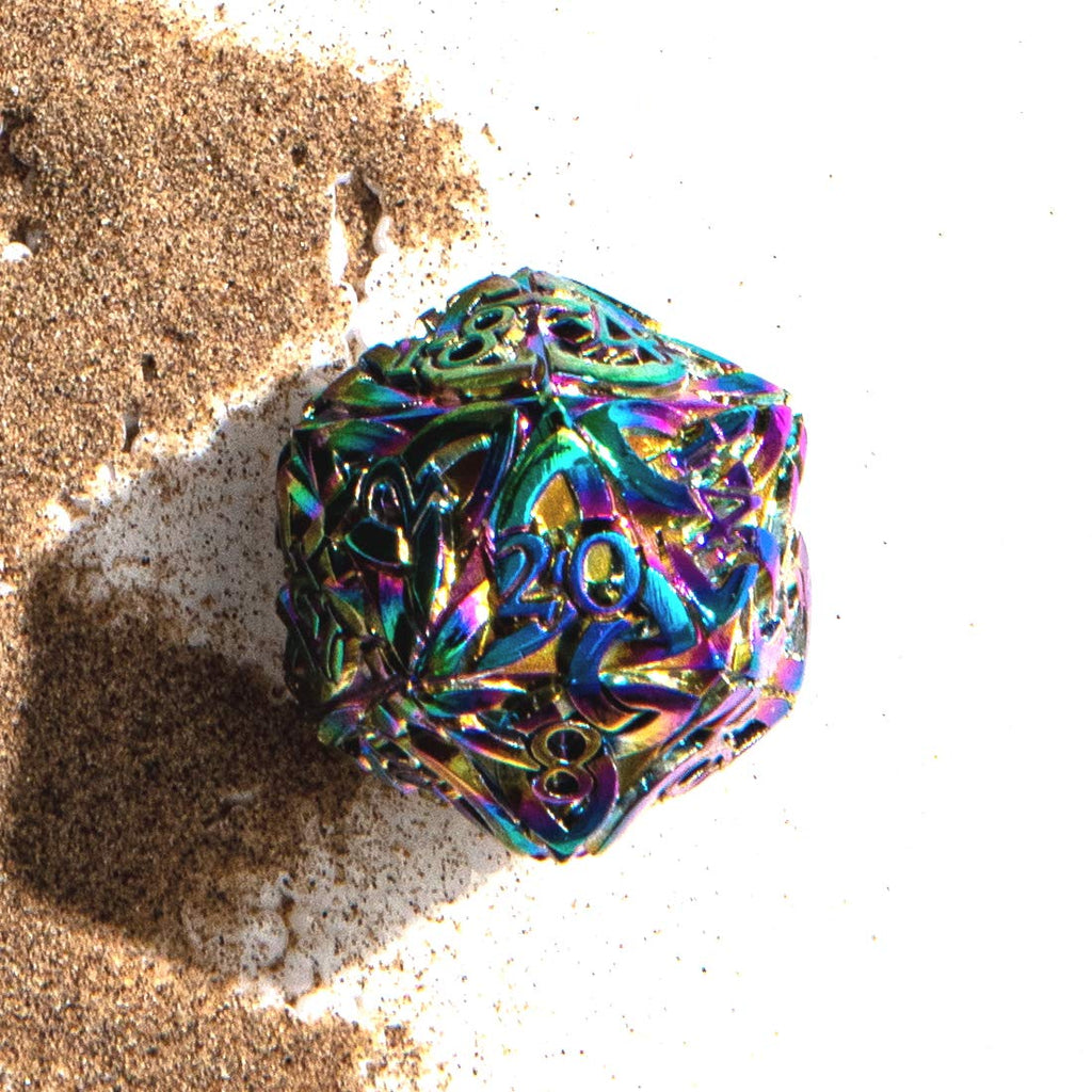 Endless Chaos Rainbow D20 Dice with Celtic Knots – Solid Metal, Extra Large for D&D & TTRPGs
