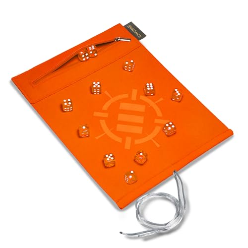 ENHANCE Roll on a Scroll Dice Mat + 12 D6 Dice - Orange - Soft Portable Dice Roller for Board Games