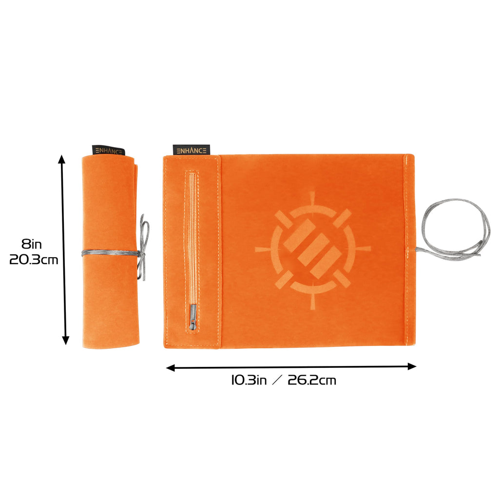 ENHANCE Roll on a Scroll Dice Mat + 12 D6 Dice - Orange - Soft Portable Dice Roller for Board Games