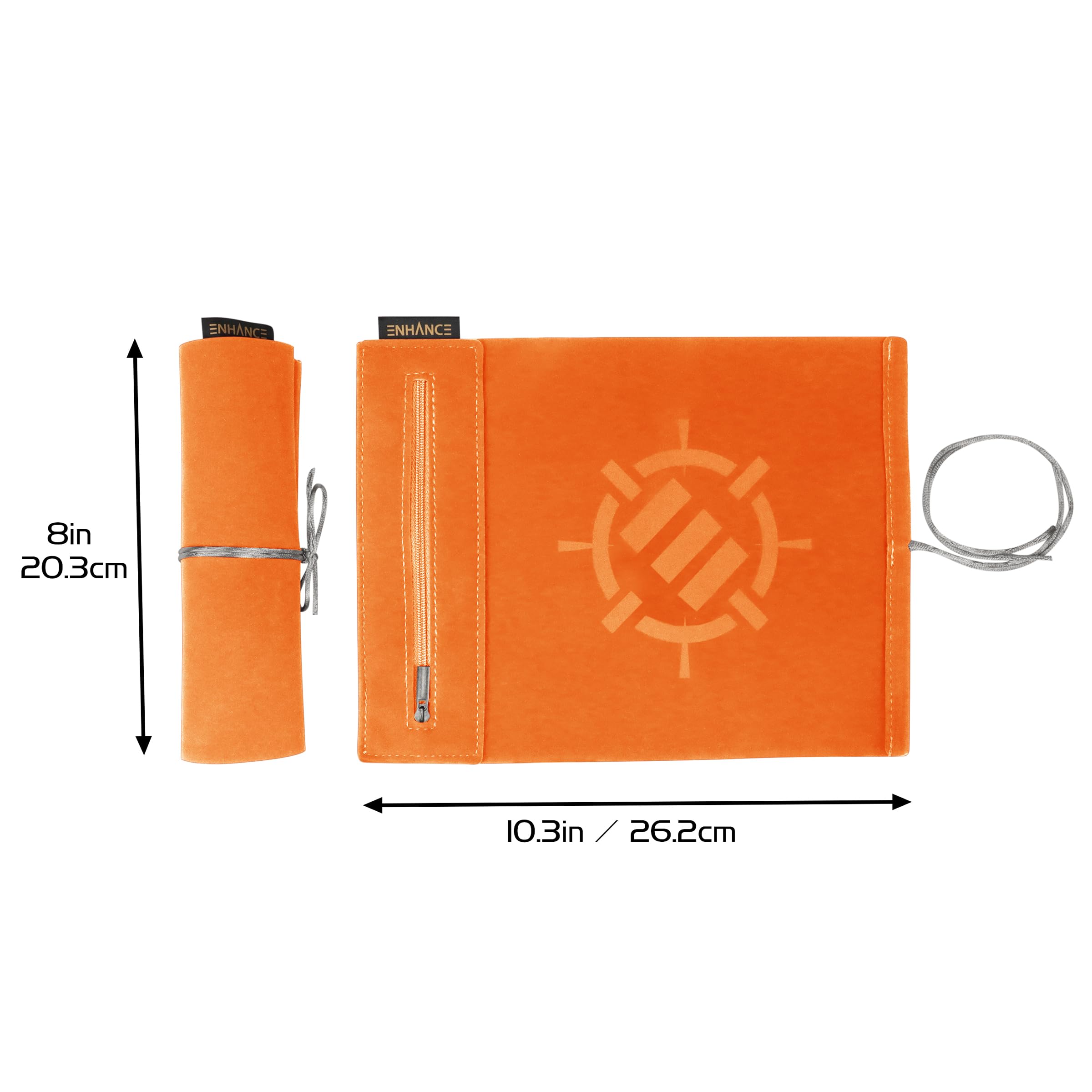 ENHANCE Roll on a Scroll Dice Mat + 12 D6 Dice - Orange - Soft Portable Dice Roller for Board Games