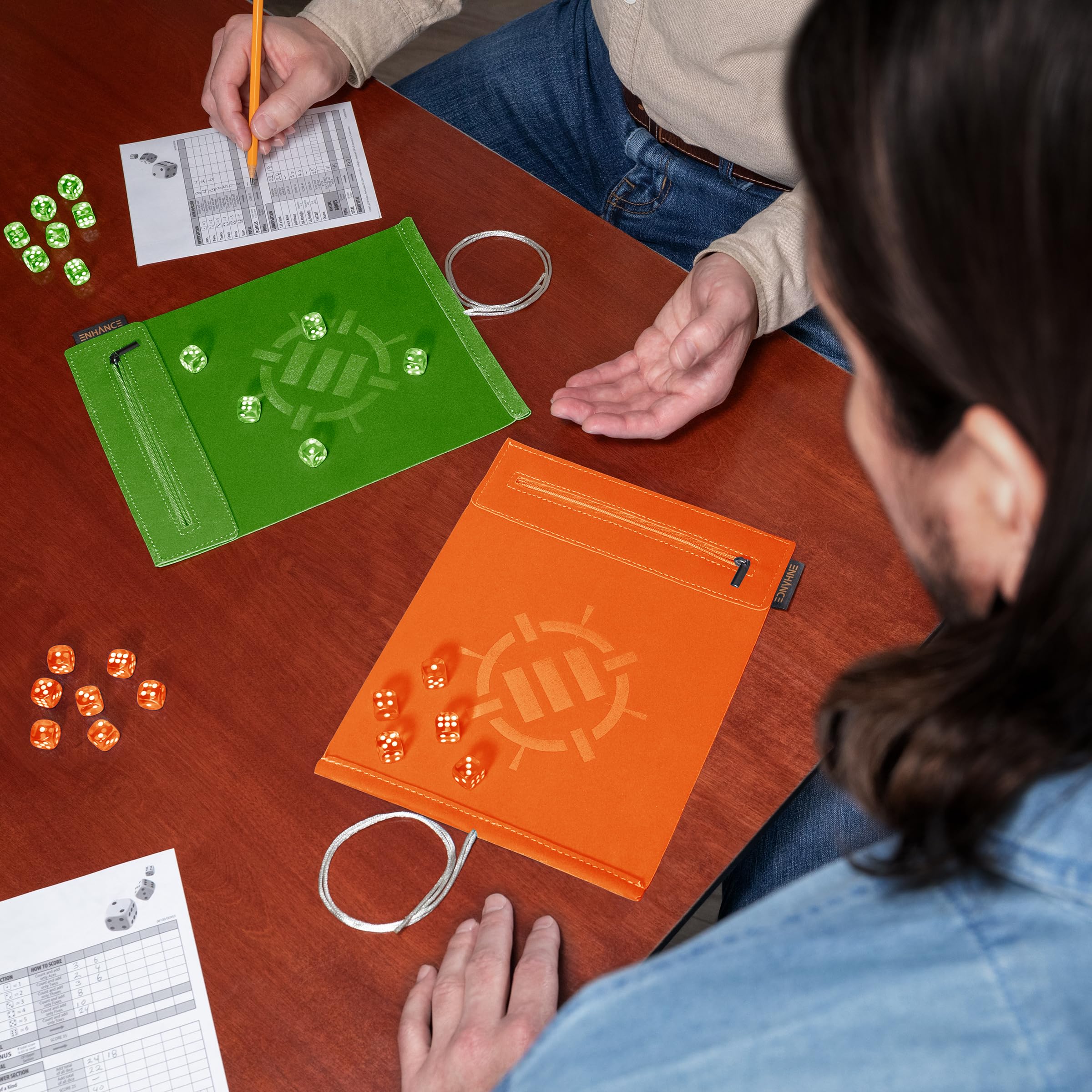 ENHANCE Roll on a Scroll Dice Mat + 12 D6 Dice - Orange - Soft Portable Dice Roller for Board Games