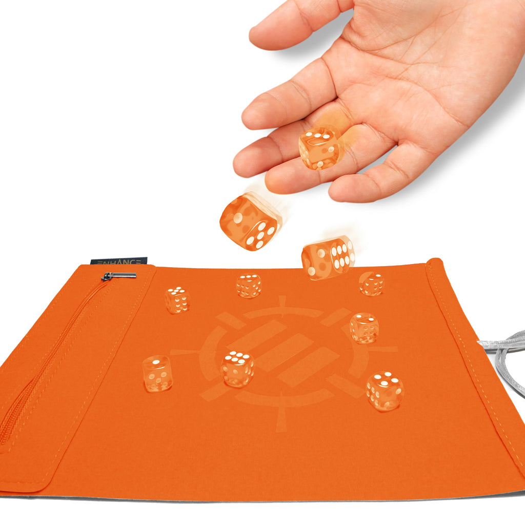 ENHANCE Roll on a Scroll Dice Mat + 12 D6 Dice - Orange - Soft Portable Dice Roller for Board Games
