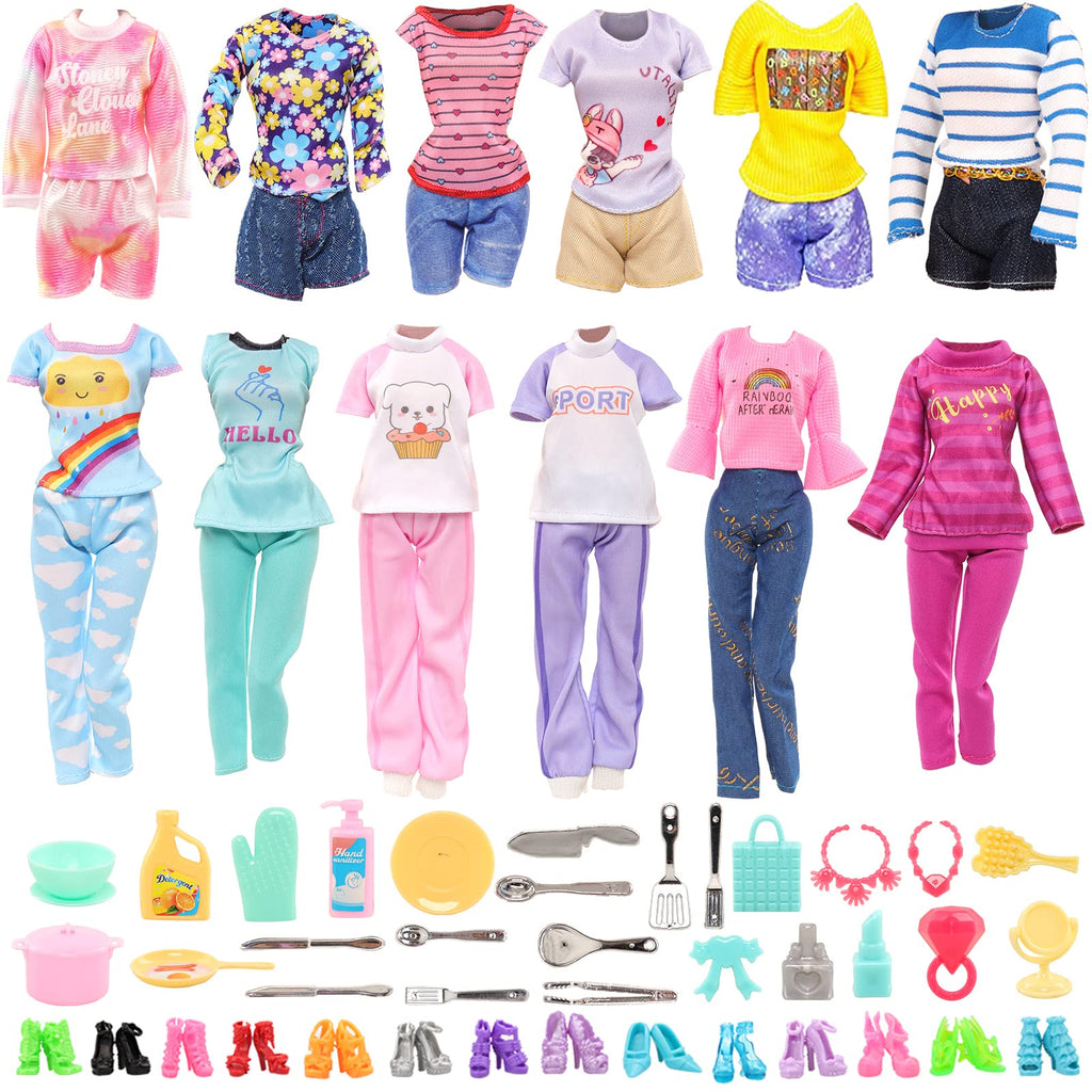 ENOCHT 40-Piece Doll Clothes Set: 6 Pants Outfits, 10 Shoes, 15 Makeup Tools, 9 Tableware for 11.5-Inch Dolls