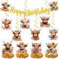 EoBeCy 19-Piece Highland Cow Birthday Party Decorations Set - Banner, Swirls, Honeycomb Centerpieces