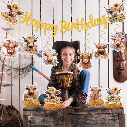 EoBeCy 19-Piece Highland Cow Birthday Party Decorations Set - Banner, Swirls, Honeycomb Centerpieces