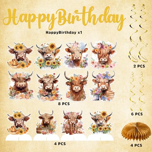 EoBeCy 19-Piece Highland Cow Birthday Party Decorations Set - Banner, Swirls, Honeycomb Centerpieces