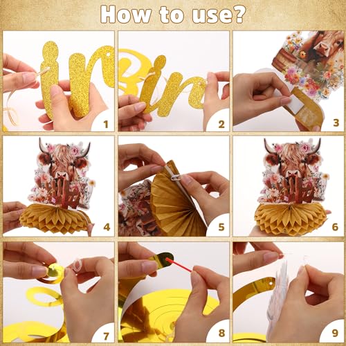 EoBeCy 19-Piece Highland Cow Birthday Party Decorations Set - Banner, Swirls, Honeycomb Centerpieces