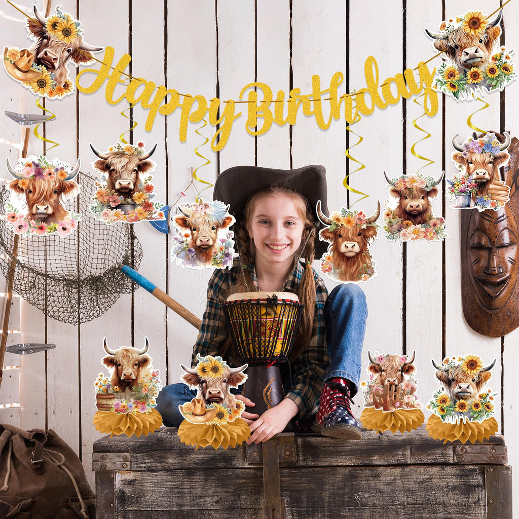 EoBeCy 19-Piece Highland Cow Birthday Party Decorations Set - Banner, Swirls, Honeycomb Centerpieces