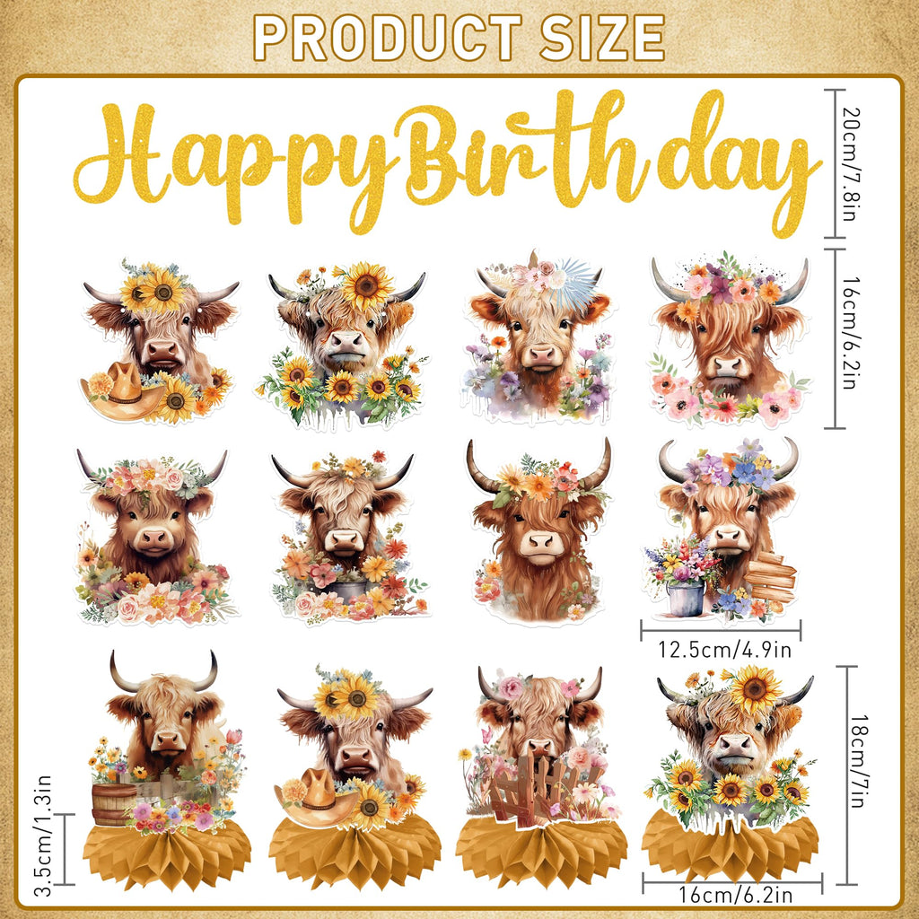 EoBeCy 19-Piece Highland Cow Birthday Party Decorations Set - Banner, Swirls, Honeycomb Centerpieces