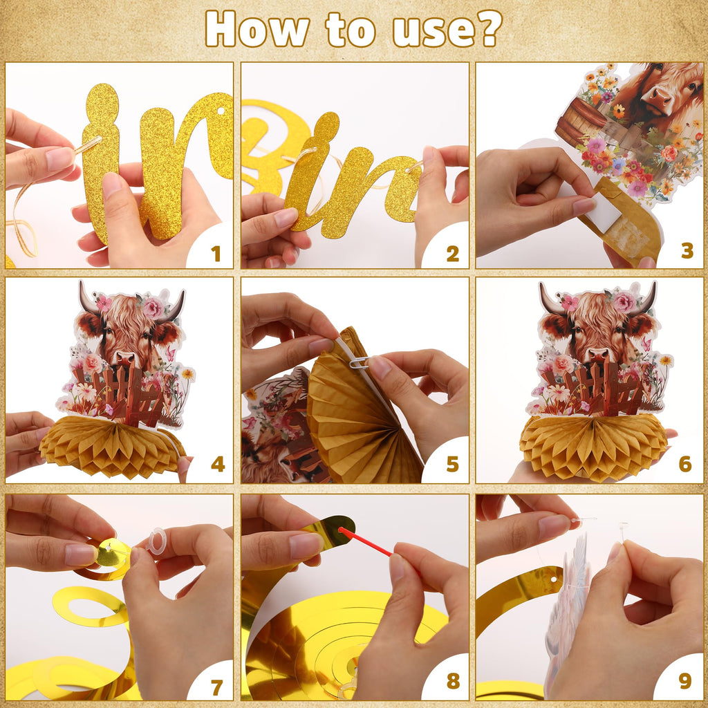 EoBeCy 19-Piece Highland Cow Birthday Party Decorations Set - Banner, Swirls, Honeycomb Centerpieces
