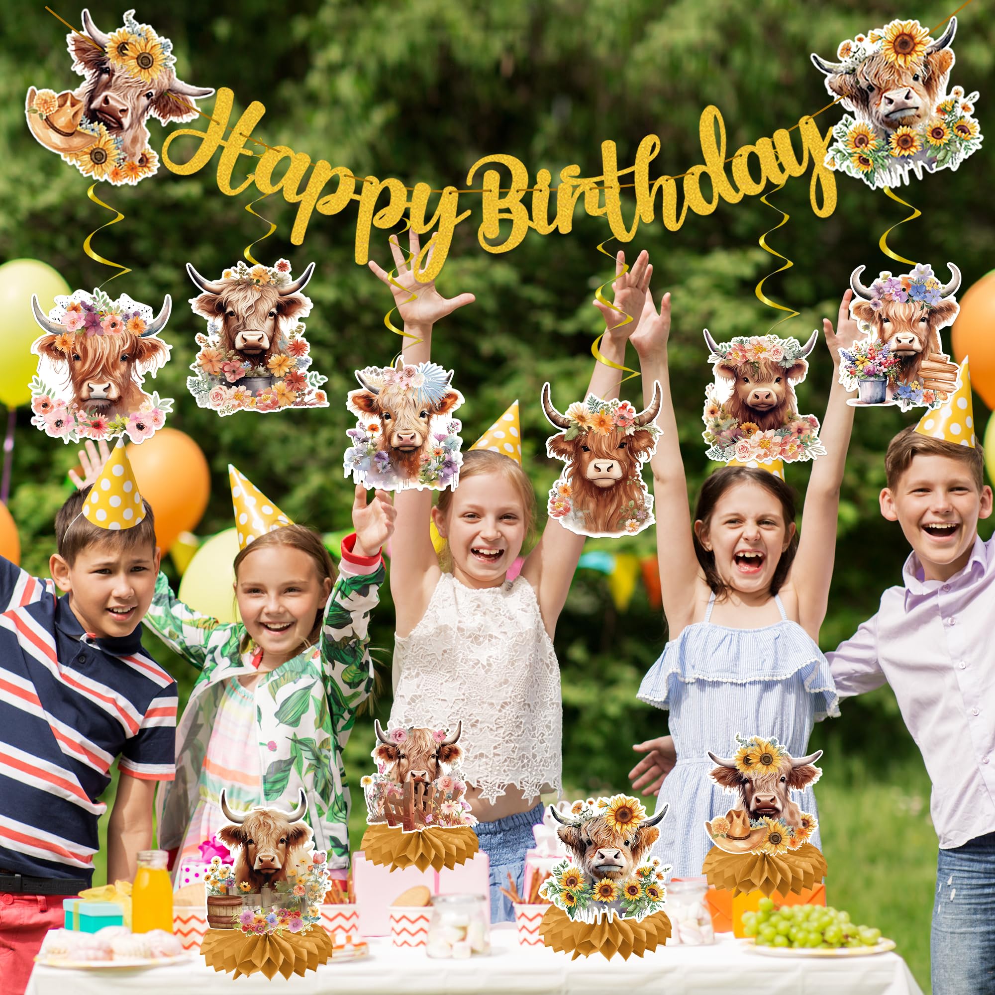 EoBeCy 19-Piece Highland Cow Birthday Party Decorations Set - Banner, Swirls, Honeycomb Centerpieces