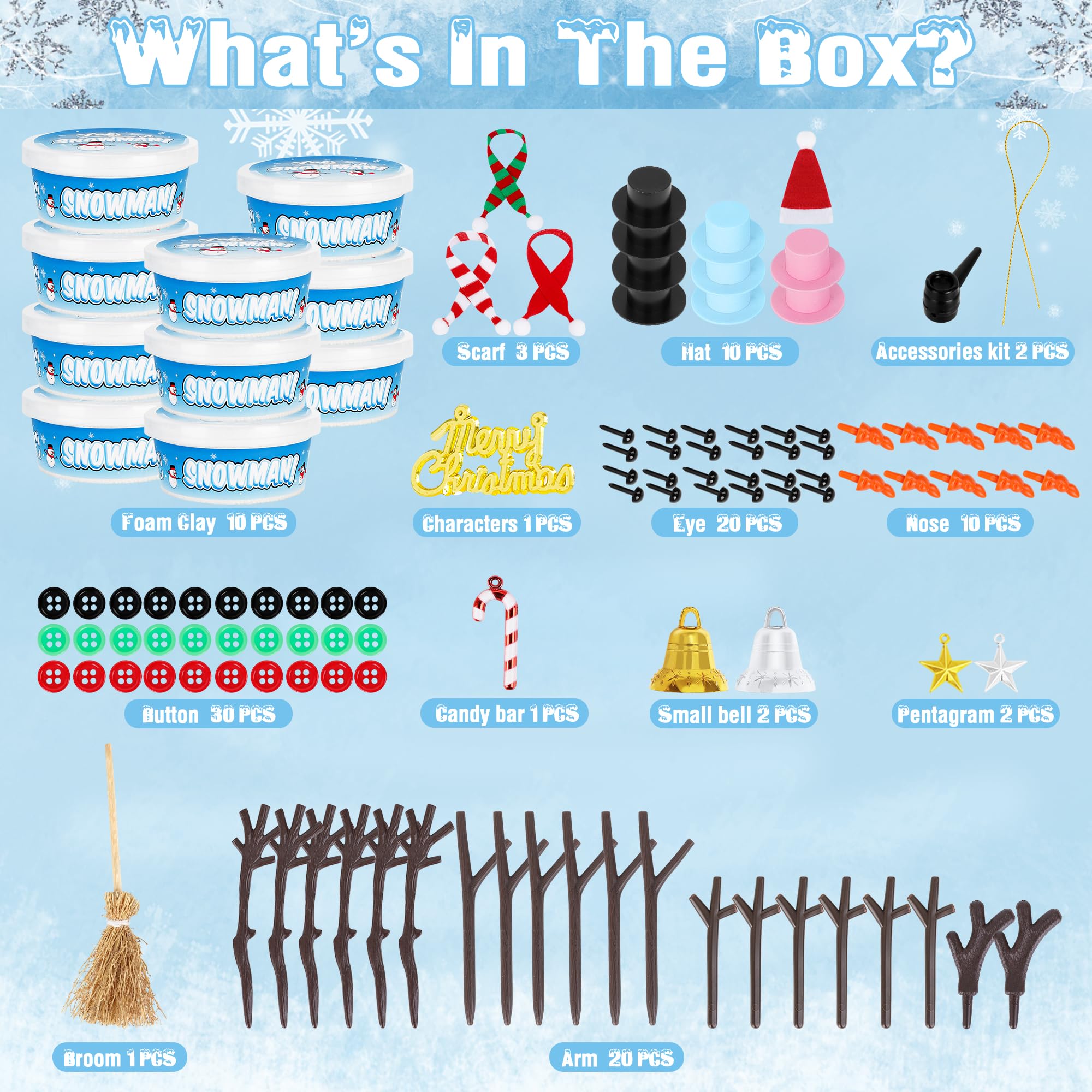 EOBOH 10-Pack DIY Snowman Craft Kit for Kids – Build Multiple Snowmen with Air-Dry Clay and Accessories, Christmas Indoor Activity