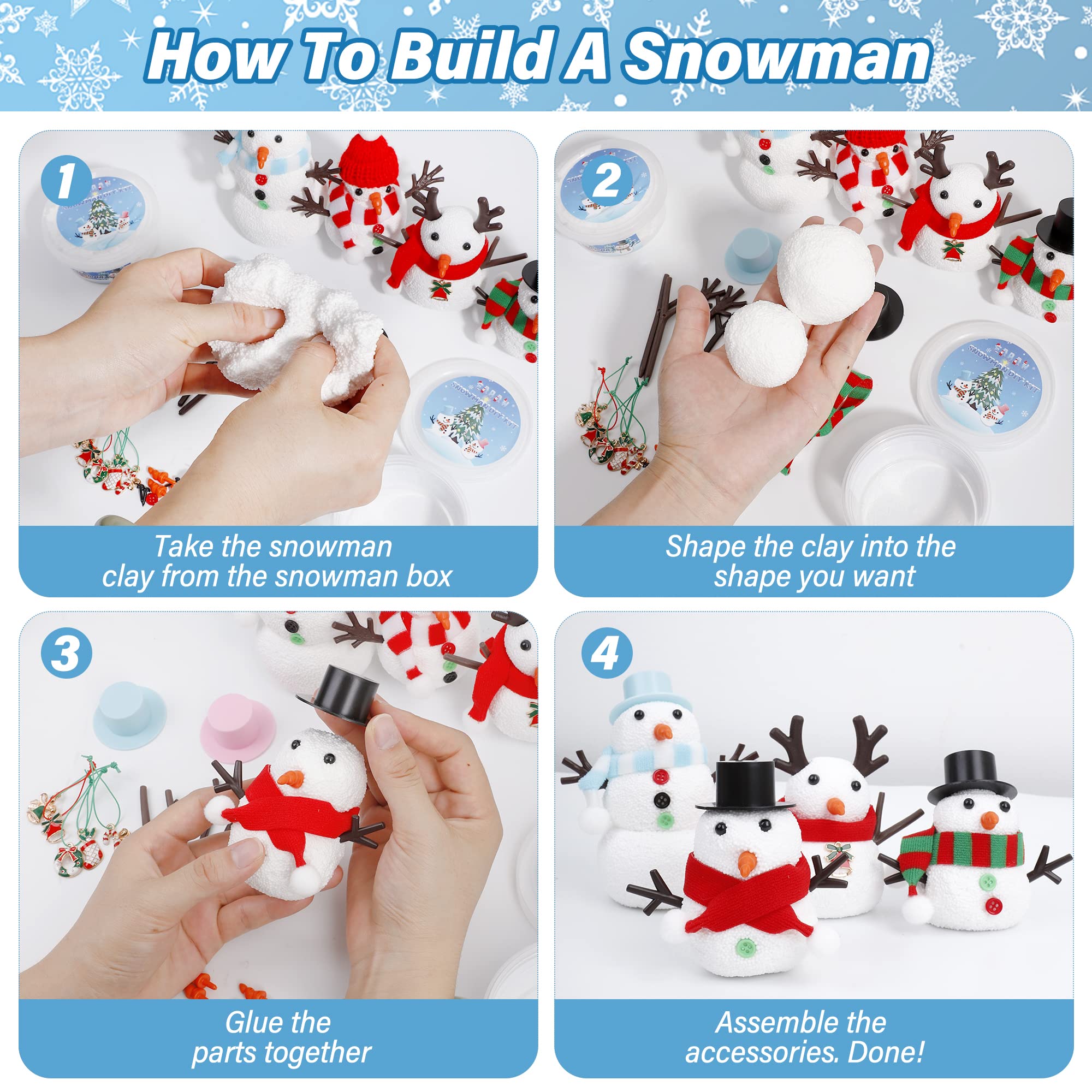 EOBOH 10-Pack DIY Snowman Craft Kit for Kids – Build Multiple Snowmen with Air-Dry Clay and Accessories, Christmas Indoor Activity