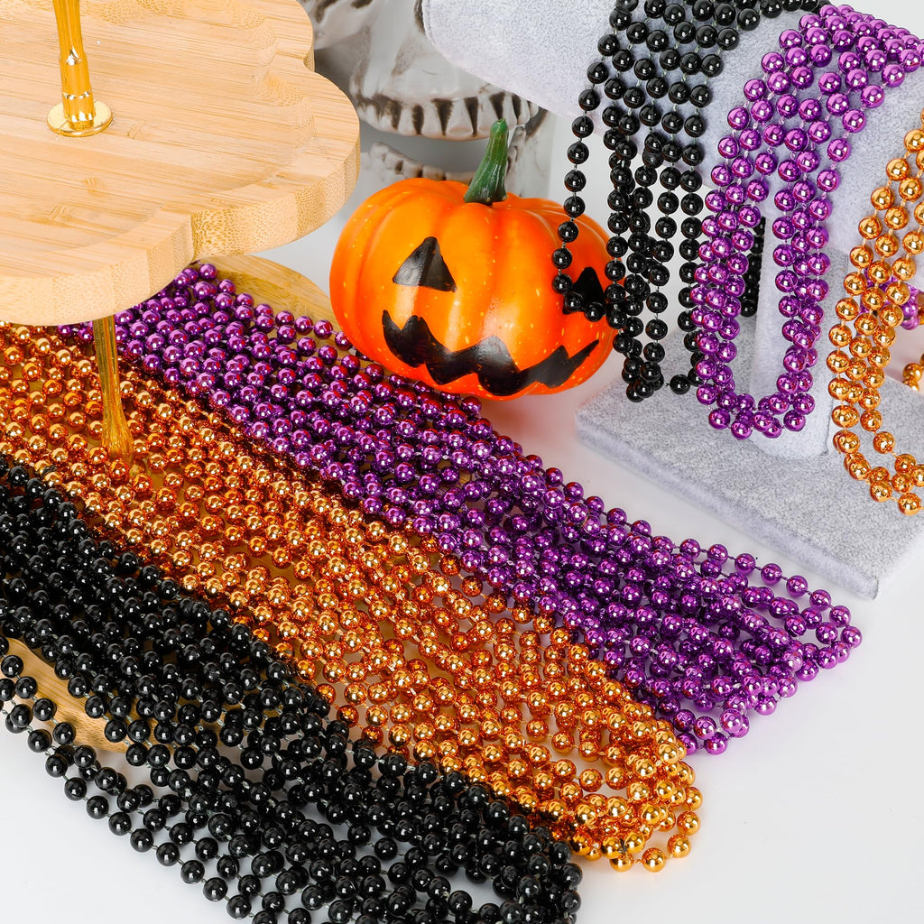 EOBOH 100 Pack Halloween Bead Necklaces – Purple, Black & Orange Party Favors, 33 Inches Each