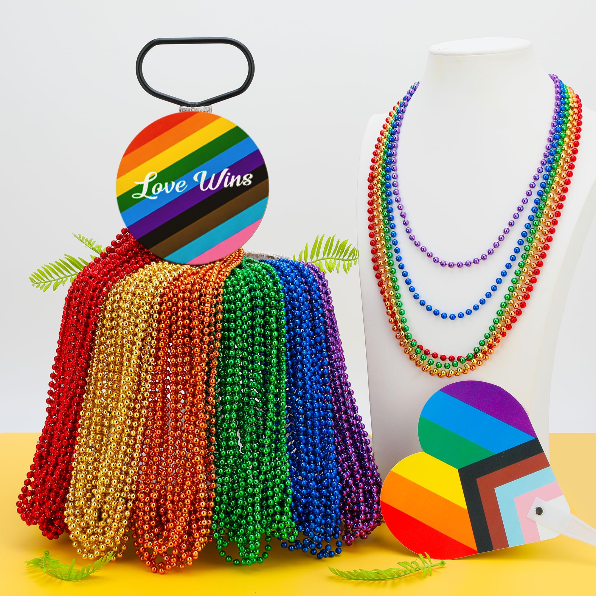 EOBOH 50-Pack Pride Bead Necklaces – 6 Styles Metallic Rainbow Bulk for LGBTQ Parades