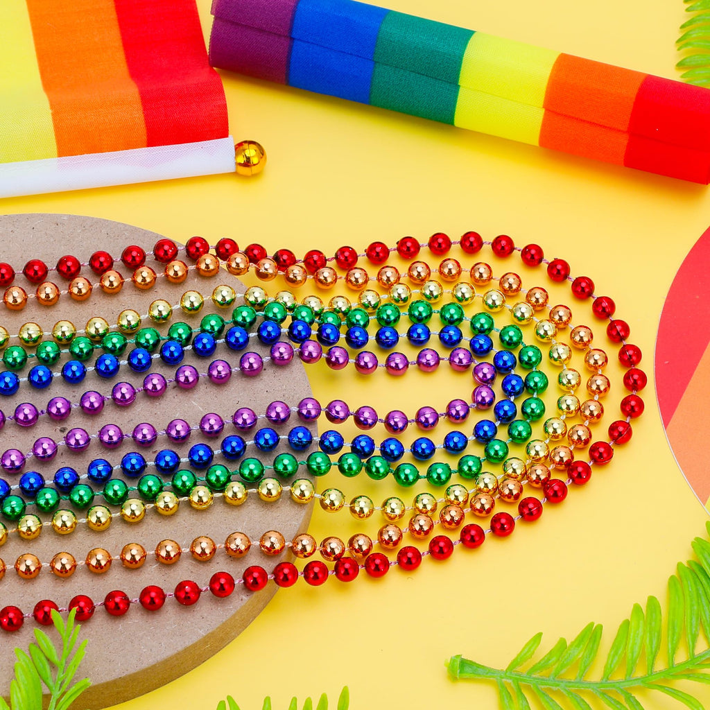 EOBOH 50-Pack Pride Bead Necklaces – 6 Styles Metallic Rainbow Bulk for LGBTQ Parades