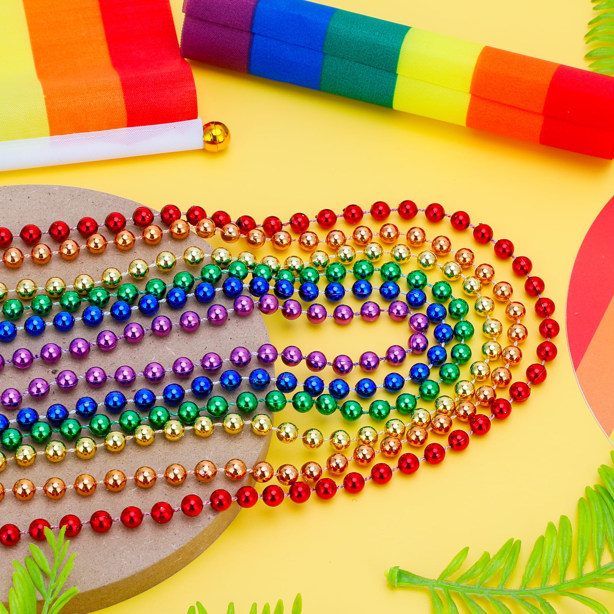 EOBOH 50-Pack Pride Bead Necklaces – 6 Styles Metallic Rainbow Bulk for LGBTQ Parades