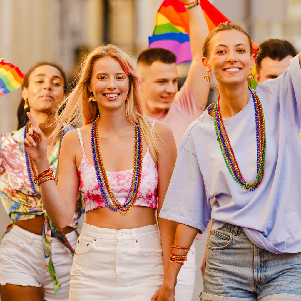 EOBOH 50-Pack Pride Bead Necklaces – 6 Styles Metallic Rainbow Bulk for LGBTQ Parades