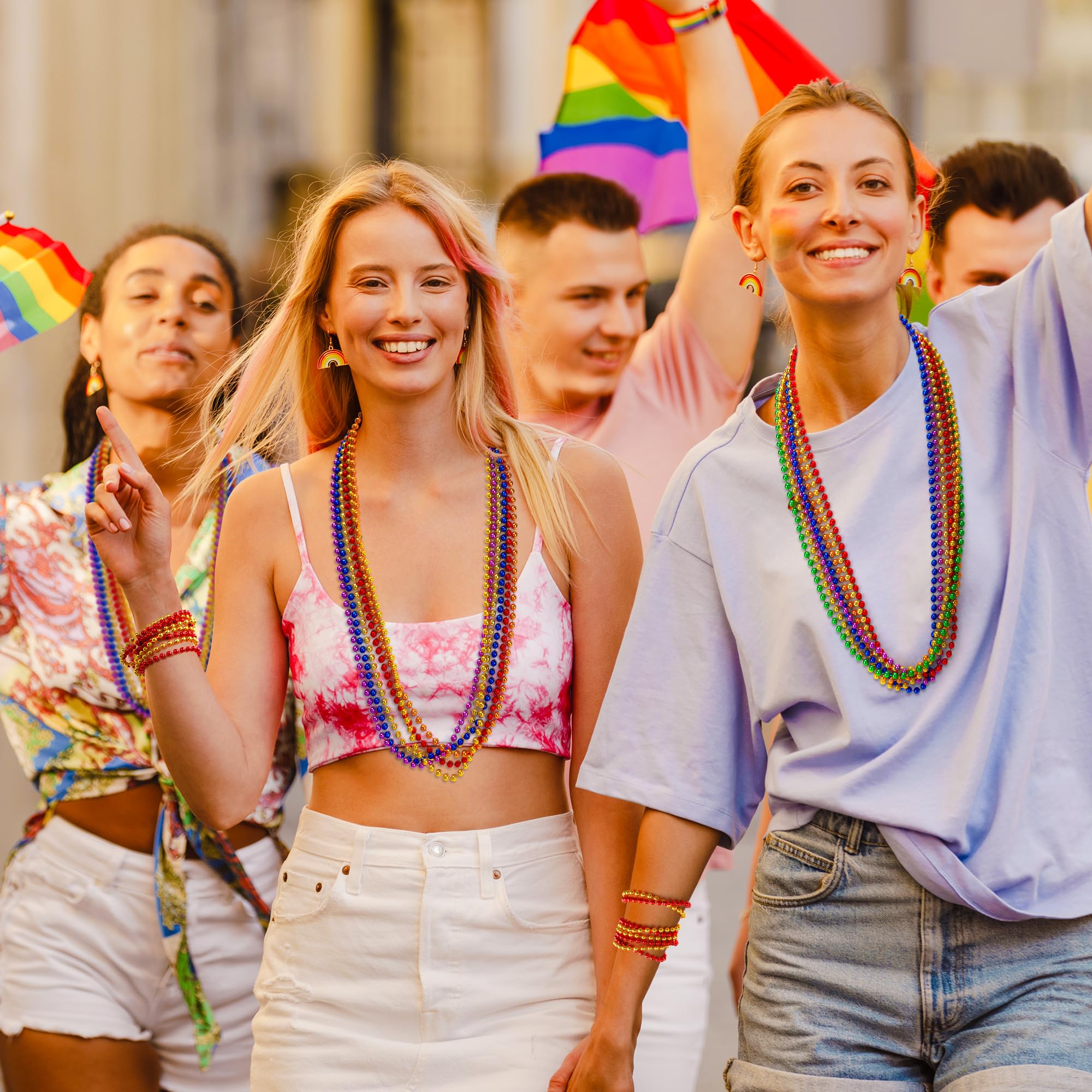 EOBOH 50-Pack Pride Bead Necklaces – 6 Styles Metallic Rainbow Bulk for LGBTQ Parades
