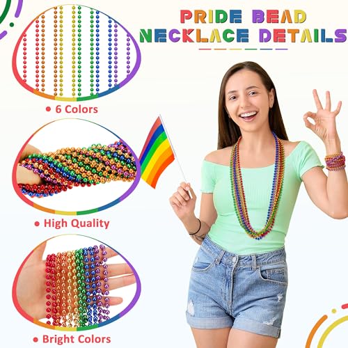 EOBOH 50-Pack Pride Bead Necklaces – 6 Styles Metallic Rainbow Bulk for LGBTQ Parades