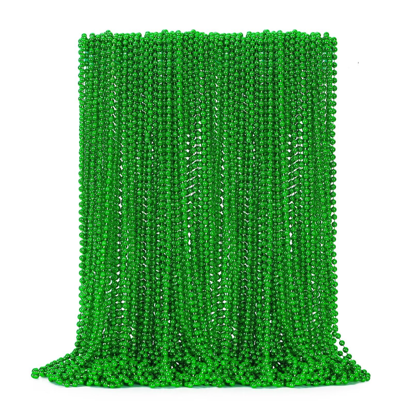 EOBOH 50-Pack St. Patrick's Day Green Bead Necklaces – Metallic Plastic, 33-Inch, Bulk Party Favors