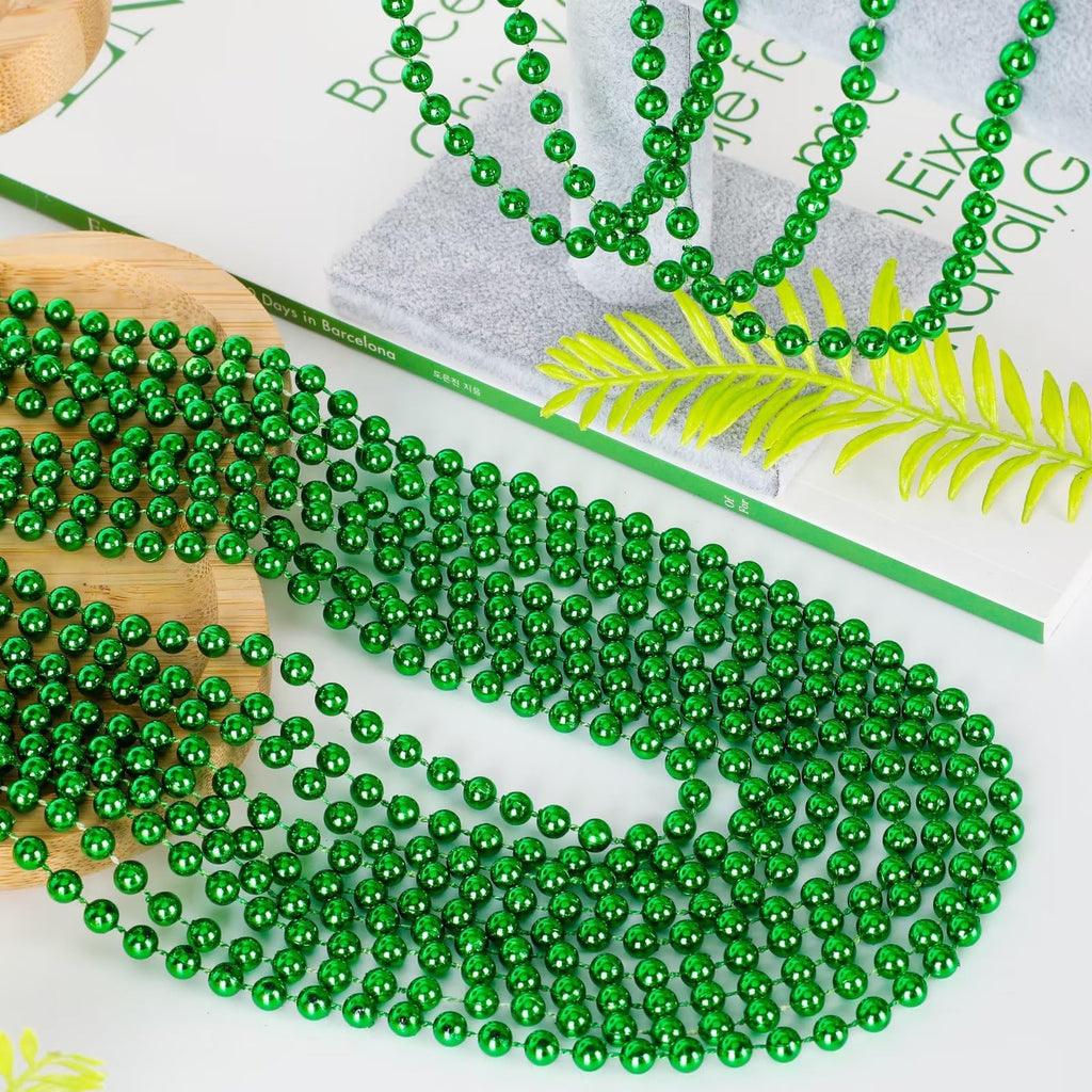 EOBOH 50-Pack St. Patrick's Day Green Bead Necklaces – Metallic Plastic, 33-Inch, Bulk Party Favors