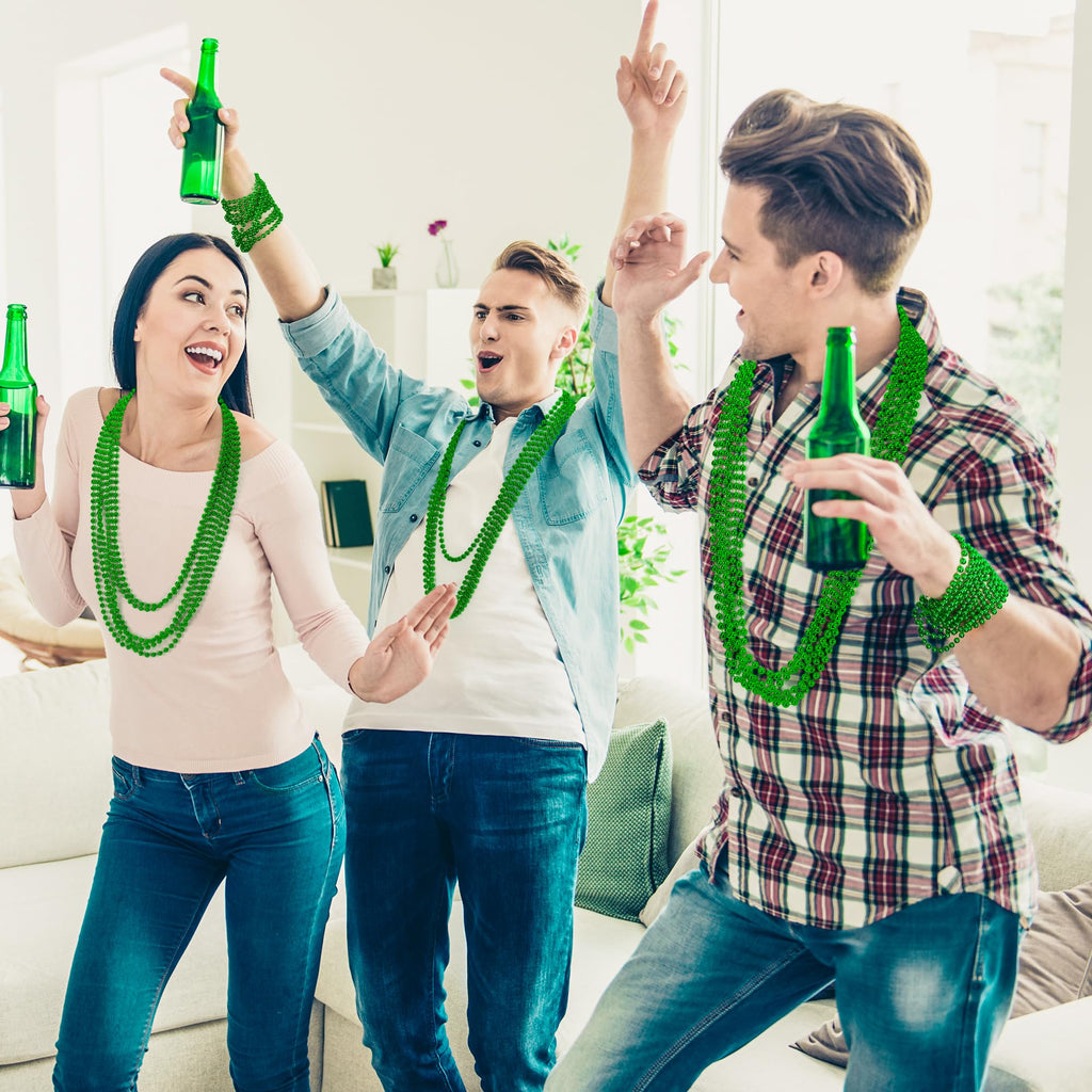 EOBOH 50-Pack St. Patrick's Day Green Bead Necklaces – Metallic Plastic, 33-Inch, Bulk Party Favors