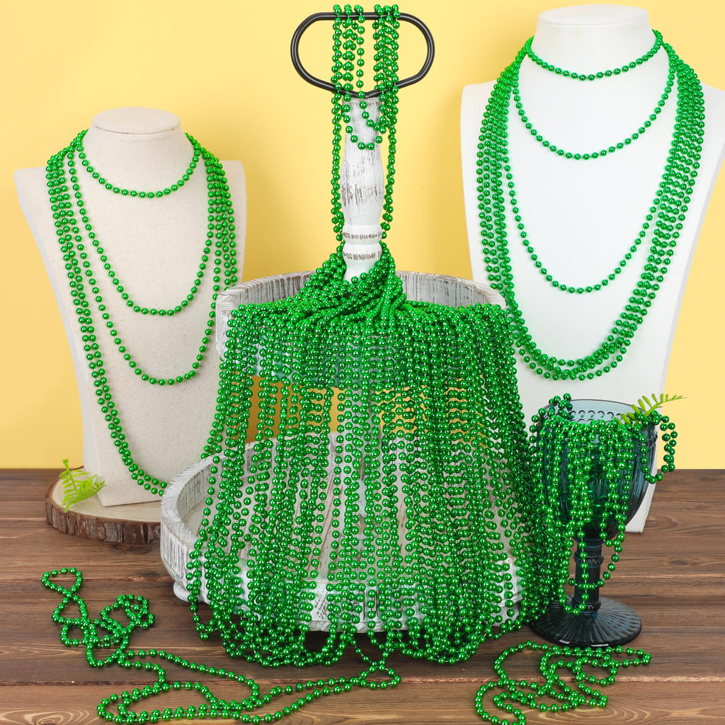EOBOH 50-Pack St. Patrick's Day Green Bead Necklaces – Metallic Plastic, 33-Inch, Bulk Party Favors