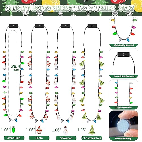 EOBOH Christmas Necklace Set - 4 Light-Up LED Necklaces with 26 Bulbs, 3 Modes for Xmas Parties