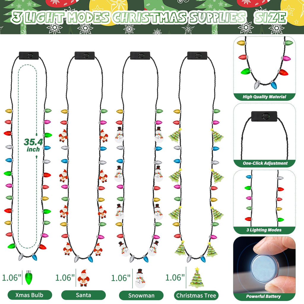 EOBOH Christmas Necklace Set - 4 Light-Up LED Necklaces with 26 Bulbs, 3 Modes for Xmas Parties