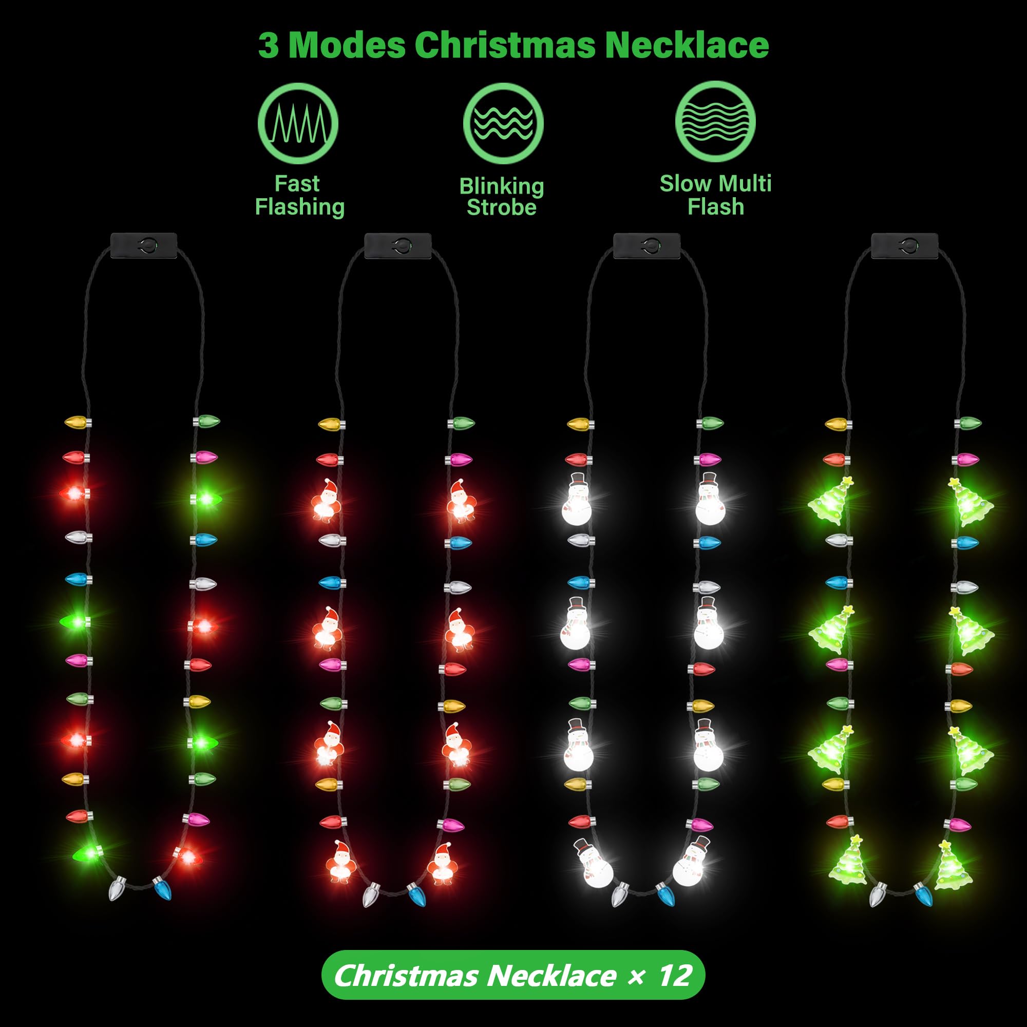 EOBOH Christmas Necklace Set - 4 Light-Up LED Necklaces with 26 Bulbs, 3 Modes for Xmas Parties