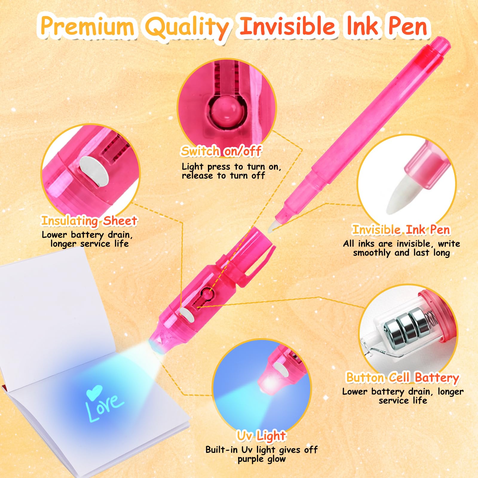 EODVICS 12-Pack Invisible Ink Spy Pen Kit with Mini Notebooks and UV Light - Secret Message Fun for Kids 3+
