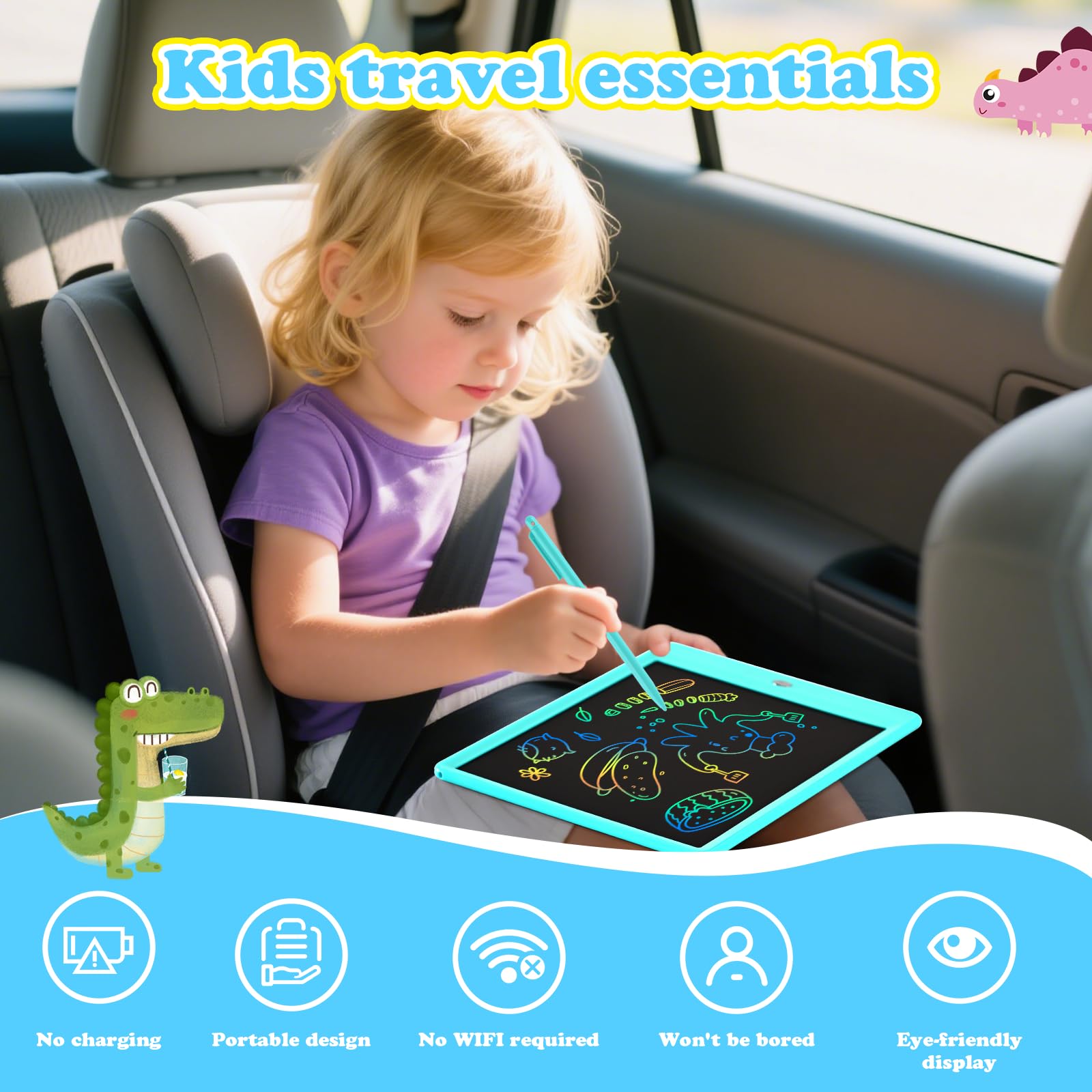 EooCoo 10 Inch LCD Writing Tablet for Kids – Blue Drawing Pad with Lock & Erase, Reusable Doodle Board for Ages 3-8, Travel-Friendly Educational Toy
