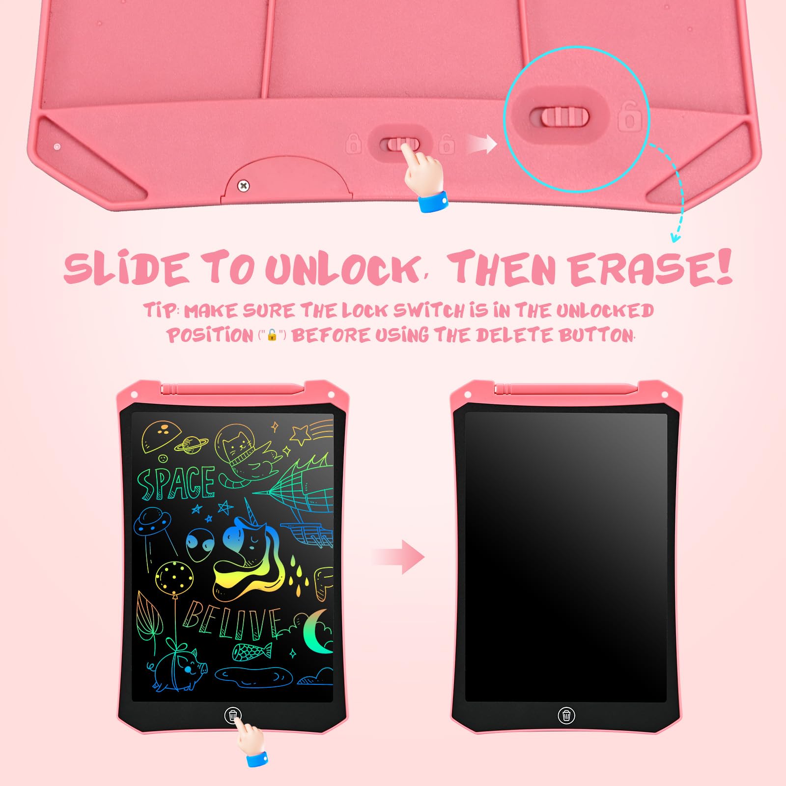EooCoo Toddler LCD Writing Tablet 2 Pack - 10 Inch Pink & Blue Drawing Pads, Travel Essentials for Kids Ages 3-8, Reusable Doodle Board