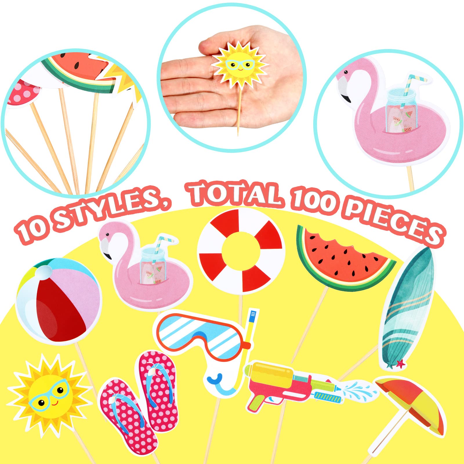 Epakh 100-Piece Summer Beach Cupcake Toppers – Pool Party Hawaiian Theme Cake Picks with 10 Designs