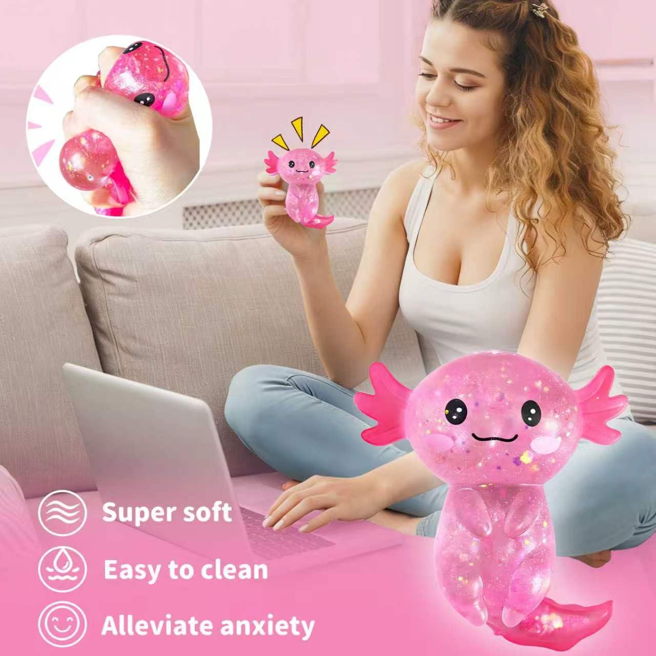 EQOA Pink Axolotls Squishies Fidget Stress Ball – Cute Squeeze Toy for Stress Relief & Easter Basket Stuffers