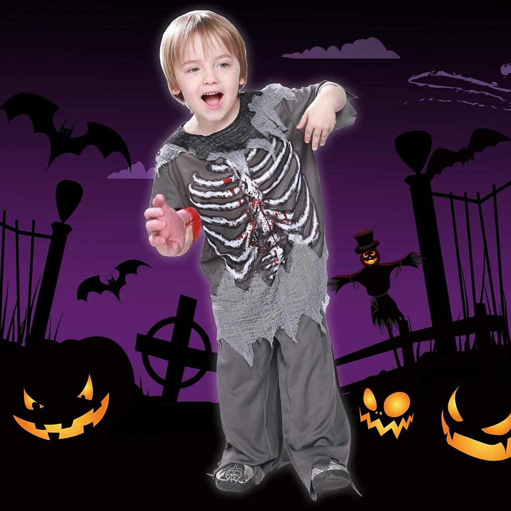 EraSpooky Boys Zombie Costume with Skeleton Print – Tattered Shirt & Pants for Halloween