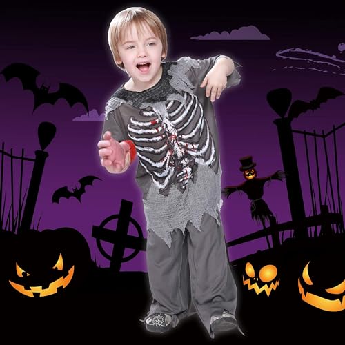EraSpooky Boys Zombie Costume with Skeleton Print – Tattered Shirt & Pants for Halloween