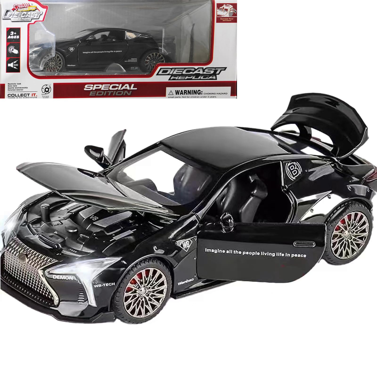 ERBADIHAGO 1:32 Scale Diecast Sports Car Toy - Black with Lights, Sound, and Pull-Back Action for Kids 3+