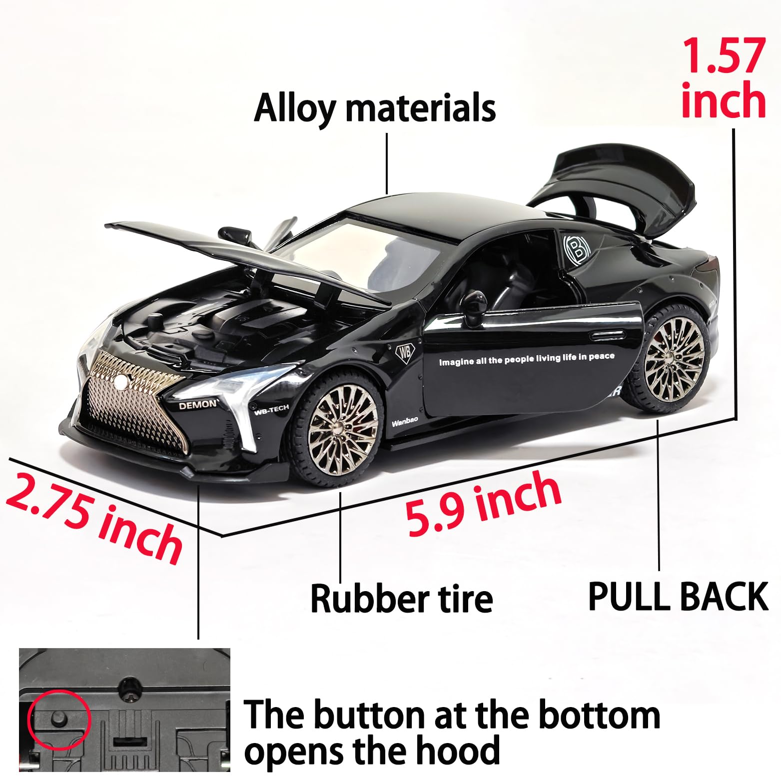 ERBADIHAGO 1:32 Scale Diecast Sports Car Toy - Black with Lights, Sound, and Pull-Back Action for Kids 3+