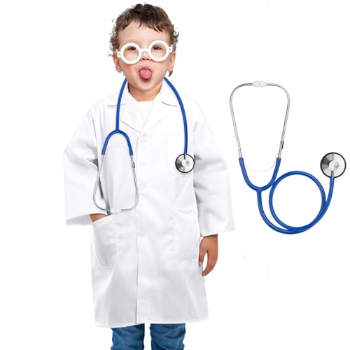 ERDOGLY Kids Doctor Lab Coat with Working Stethoscope – White Polyester Costume for Ages 3-12