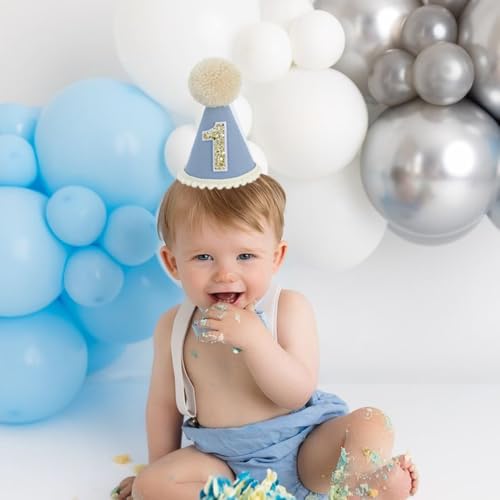 Ereniko Grey Blue First Birthday Hat - Felt Cone Crown with Glitter Number & Embroidered 1st for Baby's 1st Birthday