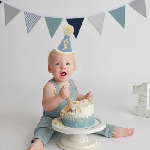 Ereniko Grey Blue First Birthday Hat - Felt Cone Crown with Glitter Number & Embroidered 1st for Baby's 1st Birthday