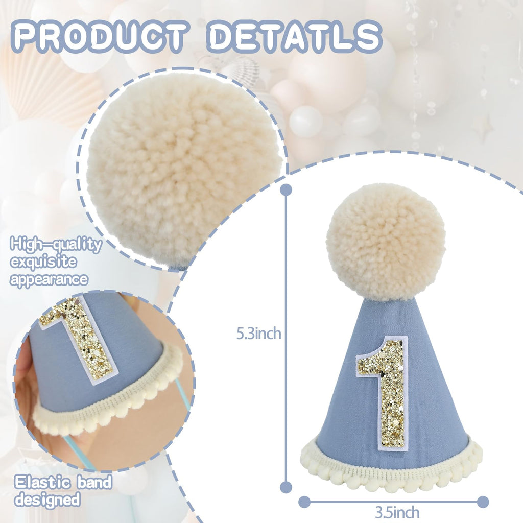 Ereniko Grey Blue First Birthday Hat - Felt Cone Crown with Glitter Number & Embroidered 1st for Baby's 1st Birthday
