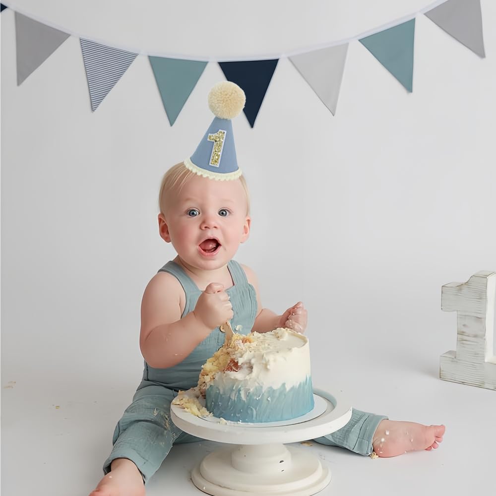 Ereniko Grey Blue First Birthday Hat - Felt Cone Crown with Glitter Number & Embroidered 1st for Baby's 1st Birthday
