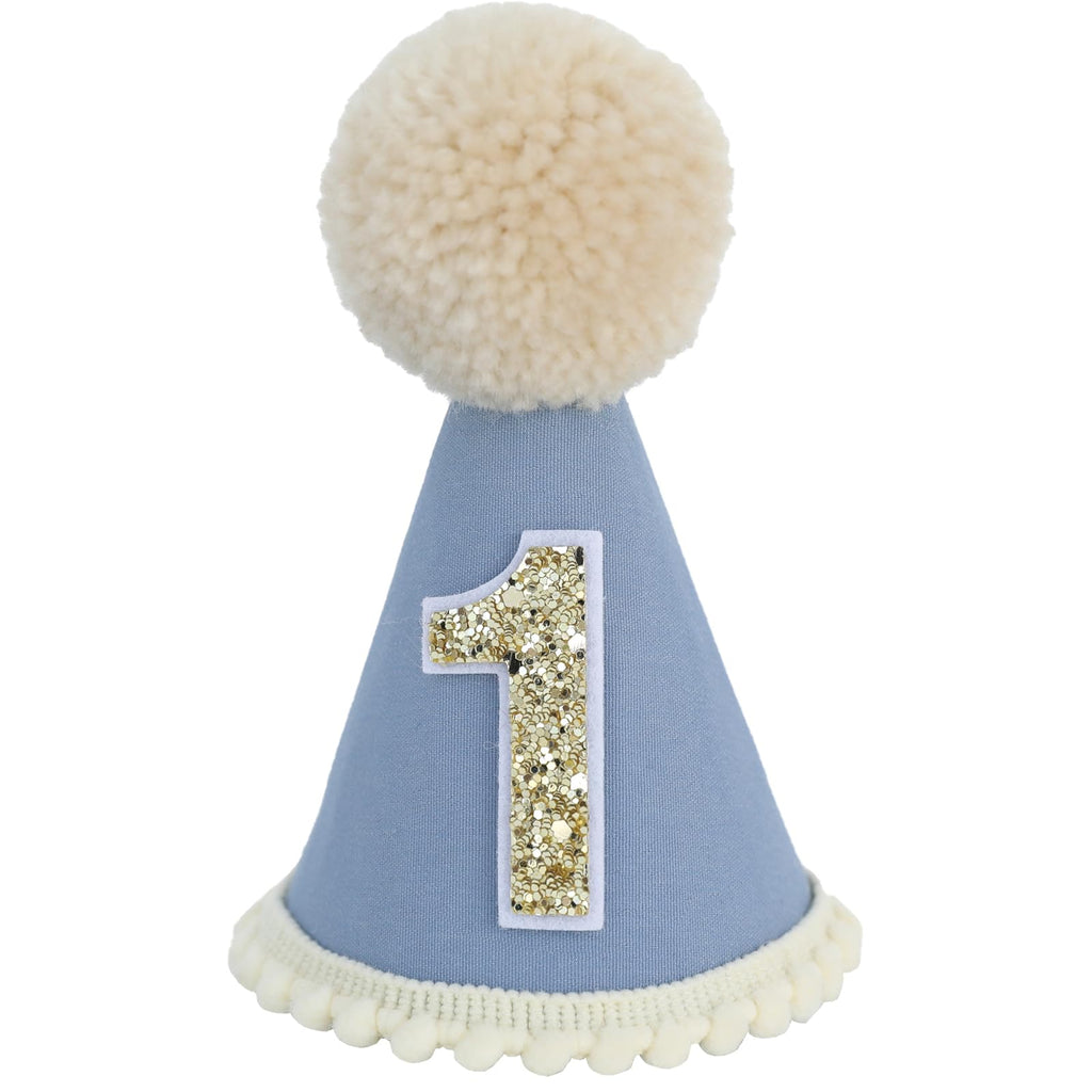 Ereniko Grey Blue First Birthday Hat - Felt Cone Crown with Glitter Number & Embroidered 1st for Baby's 1st Birthday