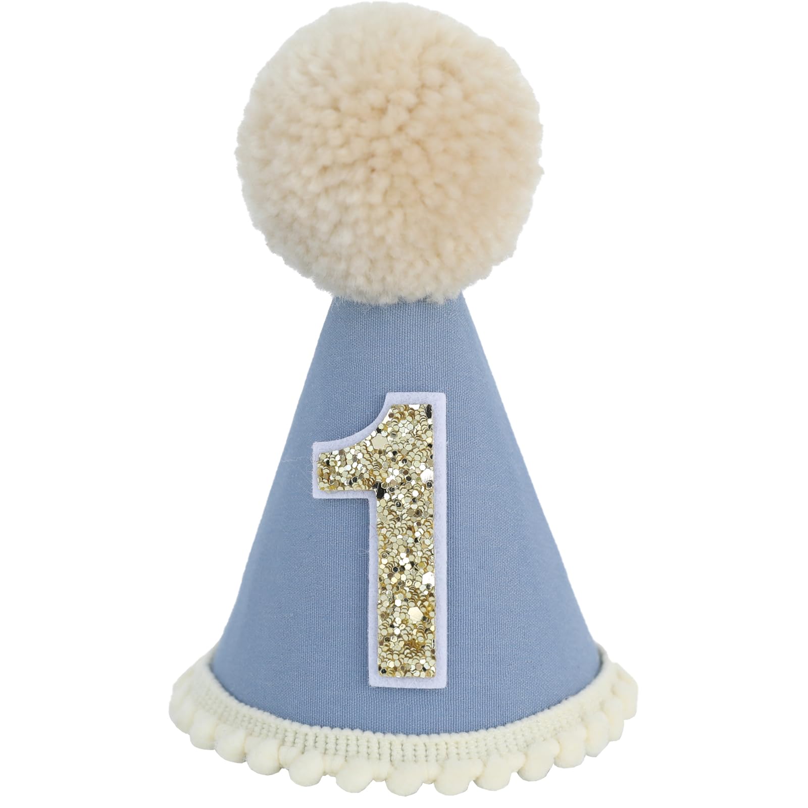 Ereniko Grey Blue First Birthday Hat - Felt Cone Crown with Glitter Number & Embroidered 1st for Baby's 1st Birthday