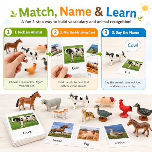 Esoes Montessori Farm Animal Matching Game – 12 Realistic Figurines with Flash Cards for Toddlers