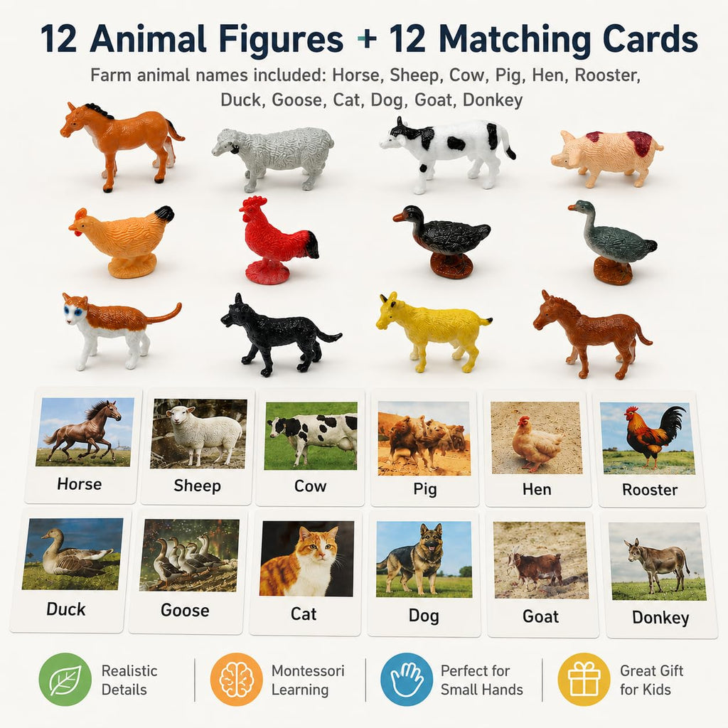 Esoes Montessori Farm Animal Matching Game – 12 Realistic Figurines with Flash Cards for Toddlers